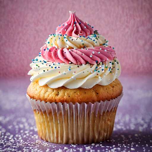 A cupcake with pink frosting and white sprinkles sits on a purple surface against a pink background.