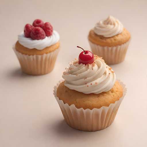 The image shows three cupcakes arranged on a white background. The topmost cupcake has a red cherry on top and is topped with white frosting. The middle cupcake also features the same red cherry and white frosting. The bottom cupcake has a single red cherry on top, but no visible white frosting or other decorations.