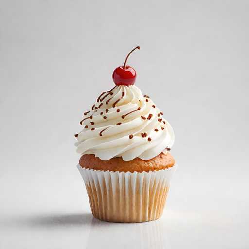A white cupcake with a red cherry on top and chocolate frosting is the main focus of the image. The cupcake is placed against a plain white background, which highlights its details.