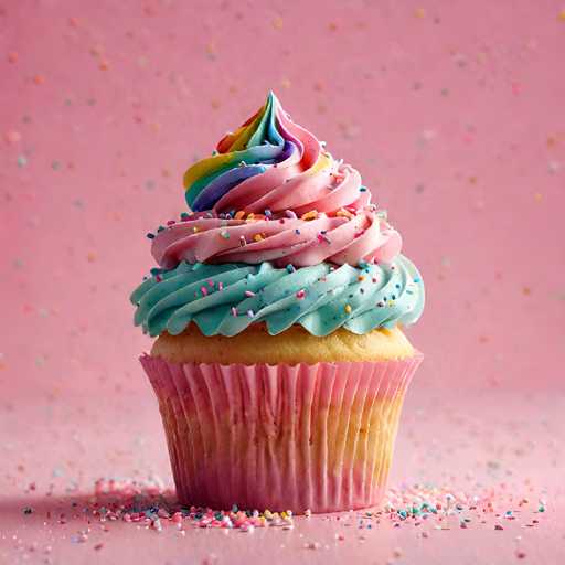 A pink cupcake with blue frosting and rainbow sprinkles sits on a pink tablecloth speckled with white and pink sprinkles.