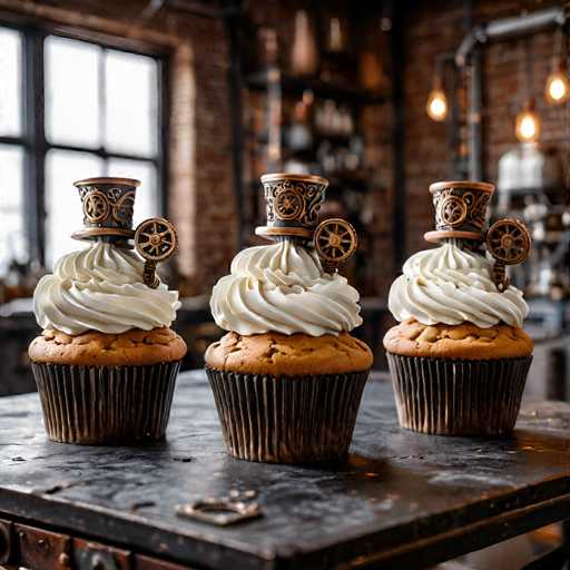 The image shows three cupcakes arranged on a black metal table. Each cupcake is topped with white frosting and features a small steam engine design made of chocolate. The background includes a brick wall and a window, suggesting an industrial or vintage setting.