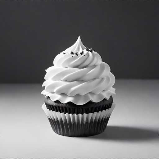 A cupcake with white frosting and chocolate icing sits on a gray surface against a black background.