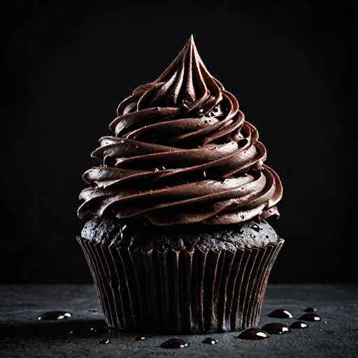 A chocolate cupcake with a rich dark brown frosting and a large chocolate swirl on top sits on a black surface against a stark white background.