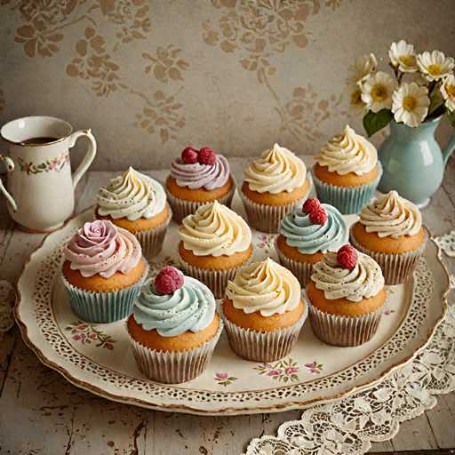 A white plate holds 12 cupcakes with pink frosting and raspberries on top, arranged in a 3x4 grid pattern against a beige wall backdrop featuring floral wallpaper. A teacup filled with coffee is placed to the left of the plate, and a vase of flowers sits to the right.
