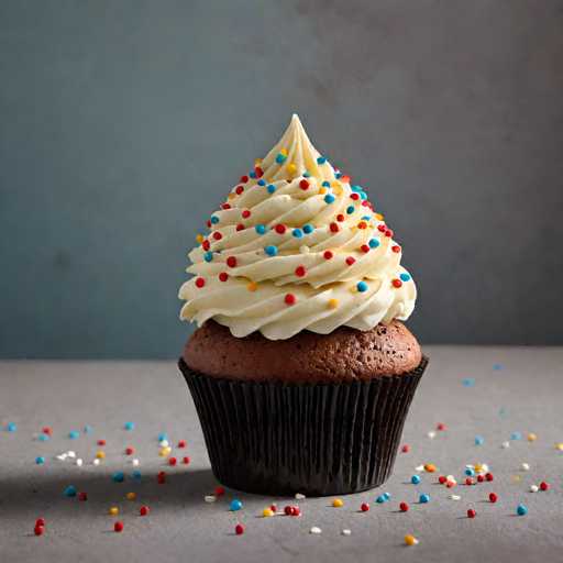 A chocolate cupcake with white frosting and colorful sprinkles sits on a gray countertop against a blue wall backdrop.