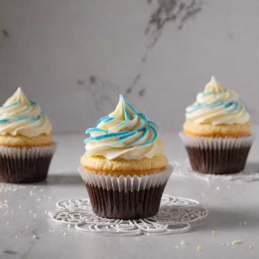 The image shows three cupcakes on a white doily placed on a gray countertop. The cupcakes have a light brown color and are topped with blue icing that has been drizzled in a swirl pattern. The background is blurred, drawing focus to the cupcakes as the main subject of the photograph.