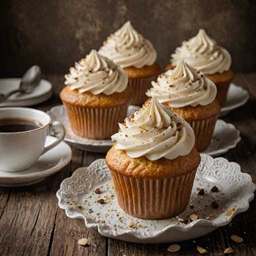 The image shows four freshly baked cupcakes on a white plate with a lace doily placed on a wooden table. The cupcakes have white frosting and sprinkles on top. In the background, there is a coffee mug filled with hot chocolate.