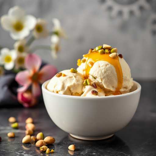 A white bowl filled with ice cream topped with nuts and a drizzle of sauce is the main focus of the image. The bowl is placed on a black surface against a gray background. Surrounding the bowl are scattered pieces of almonds and pistachios.