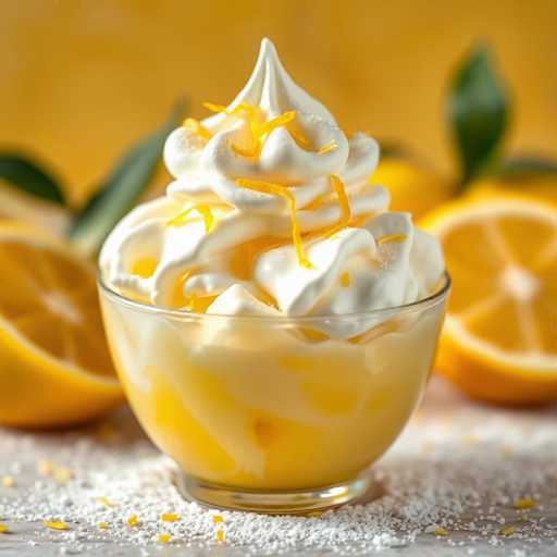 A glass bowl filled with yellow custard topped with whipped cream and lemon slices sits on a white surface. The bowl is placed next to two whole lemons.