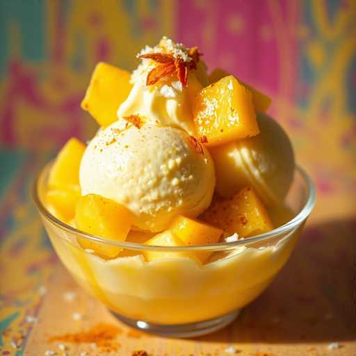 A glass bowl filled with yellow fruit salad containing cubes of mango and pineapple on top.