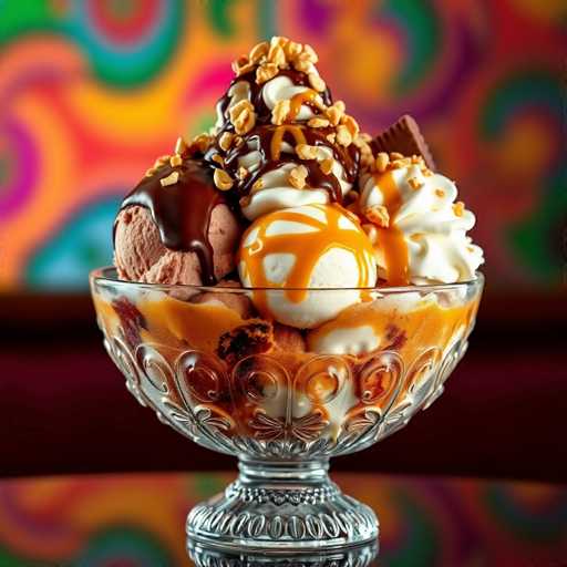 A glass bowl filled with ice cream topped with chocolate sauce and nuts sits on a table against a colorful abstract background.