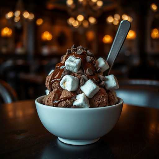 A white bowl filled with chocolate ice cream topped with marshmallows and chocolate chips sits on a dark wooden table in what appears to be an indoor setting. The background is blurred, suggesting the focus is on the dessert.