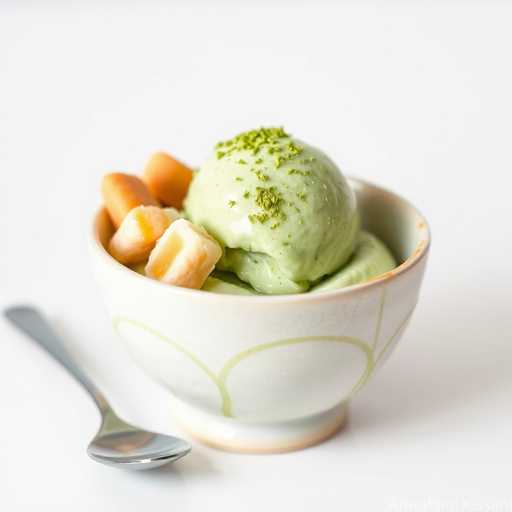 A white bowl with green ice cream and orange cubes sits on a white surface. To the left of the bowl is a silver spoon.