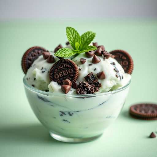 A glass bowl filled with ice cream topped with chocolate chips and a sprig of mint sits on a light green tablecloth.