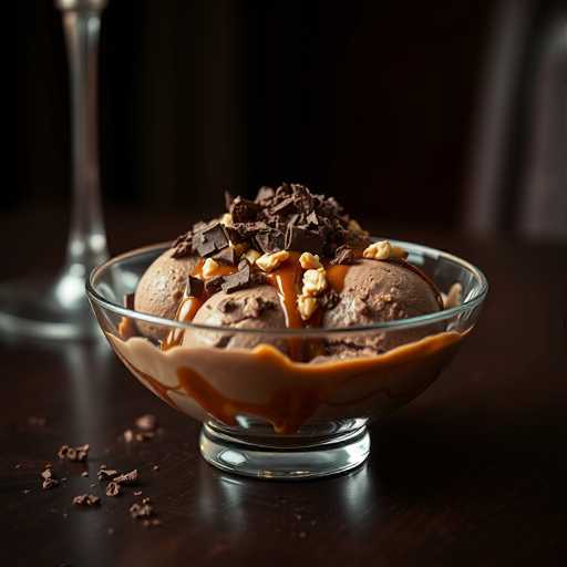 A glass bowl filled with chocolate ice cream topped with chopped nuts sits on a dark wooden table. The bowl is placed near the edge of the table and has a few crumbs scattered around it. In the background, there's a wine glass and a chair visible.
