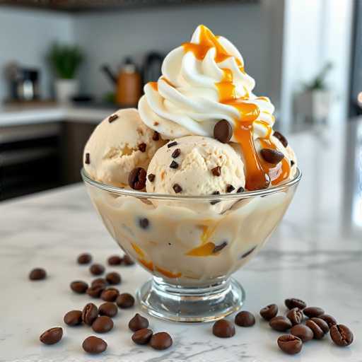 A glass bowl filled with ice cream topped with whipped cream and chocolate chips sits on a white marble countertop. The bowl is placed next to a pile of coffee beans.