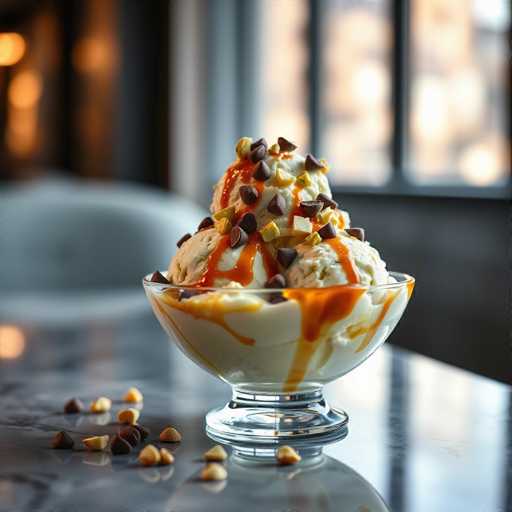 A glass bowl filled with vanilla ice cream topped with chocolate chips and drizzled with caramel sauce sits on a gray table. The bowl is placed next to scattered nuts around the edge of the table.