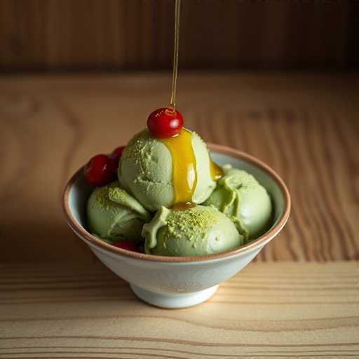 A white bowl with a floral pattern around its edge holds three scoops of green ice cream topped with red cherries and drizzled with honey.