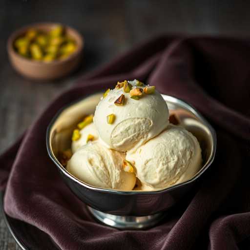 A silver bowl filled with light yellow ice cream topped with green pistachio pieces and a brown wooden spoon resting on the side of the bowl.
