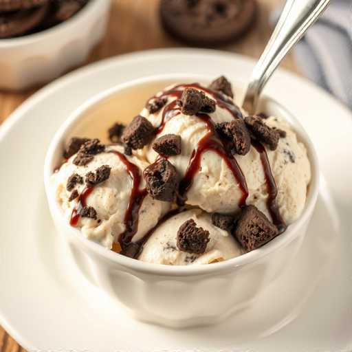 A white plate holds a scoop of vanilla ice cream topped with chocolate cookies and drizzled with chocolate sauce. The plate is placed on a wooden table, and there are two bowls of cookies in the background.
