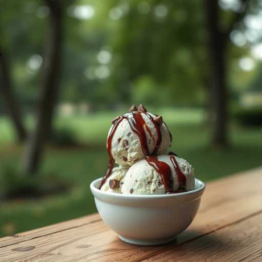 A white bowl filled with vanilla ice cream topped with chocolate chips and drizzled with a red sauce is placed on a wooden table outdoors.