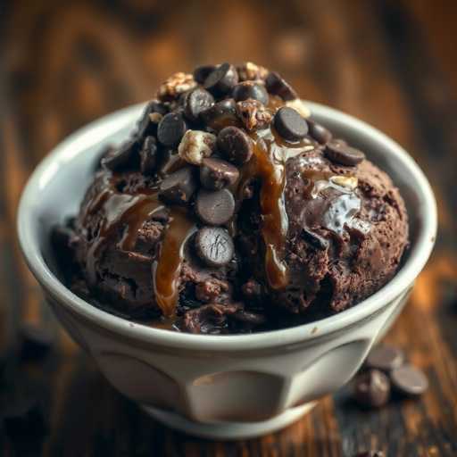 A white bowl filled with chocolate ice cream topped with nuts and caramel sauce sits on a wooden table. The bowl is placed centrally against the backdrop of a dark brown wooden table.