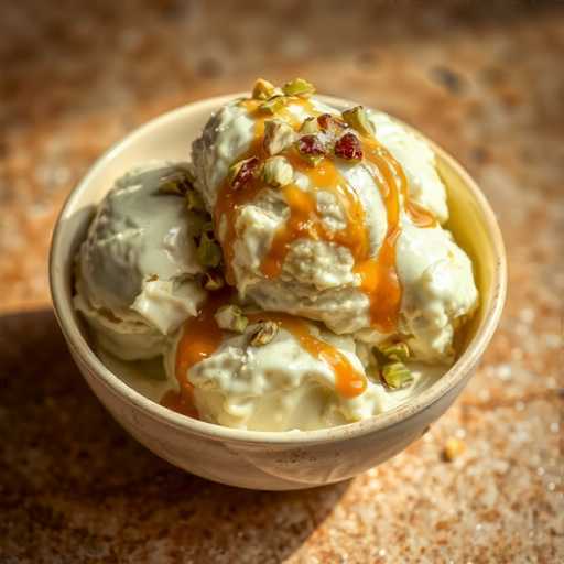 A white bowl filled with ice cream topped with a drizzle of caramel and sprinkled with chopped nuts sits on a brown surface.