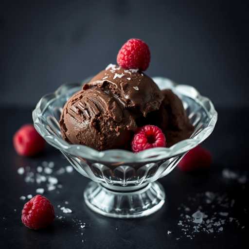 A glass bowl filled with chocolate ice cream topped with raspberries and a few more raspberries is placed on a black surface. The bowl contains the ice cream which appears to be rich in chocolate flavor. There are additional raspberries scattered around the bowl.