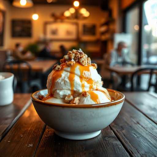 A white bowl filled with ice cream topped with nuts and caramel sauce sits on a wooden table in what appears to be a restaurant or cafe setting. The background shows blurred figures of people seated at tables, suggesting the presence of other patrons enjoying their meals.