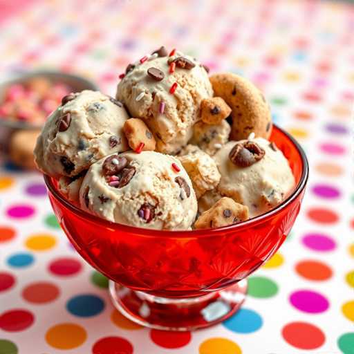 A red glass bowl filled with a creamy white ice cream topped with chocolate chips and sprinkles sits on a table covered with polka dots.