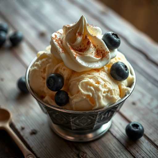 A silver bowl filled with vanilla ice cream topped with blueberries and cinnamon on top sits on a wooden table. The bowl is placed next to a spoon.