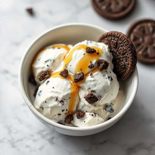 A white bowl filled with vanilla ice cream topped with chocolate cookies and drizzled with caramel sauce.
