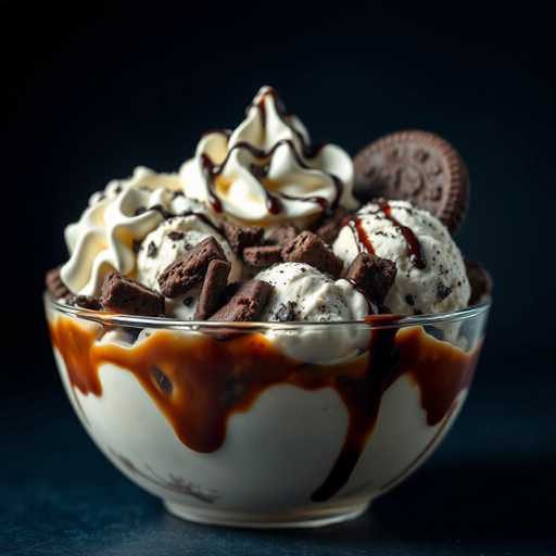 A glass bowl filled with ice cream and chocolate chips sits on a dark blue surface. The ice cream is topped with whipped cream and drizzled with caramel sauce. There are several pieces of chocolate chip cookies scattered around the ice cream in the bowl.