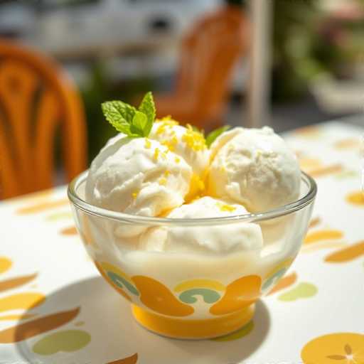 A glass bowl filled with white ice cream topped with lemon slices and mint leaves sits on a table covered with a yellow and green patterned tablecloth. In the background, there is an orange chair and another empty chair.