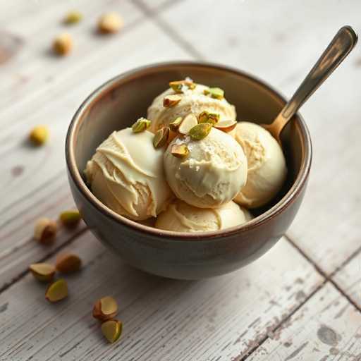 A bowl filled with vanilla ice cream topped with chopped pistachios and a spoon resting on the side of the bowl.