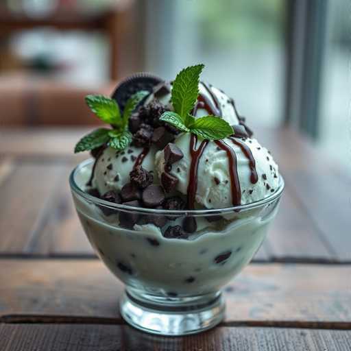 A glass bowl filled with ice cream topped with chocolate chips and mint leaves sits on a wooden table.