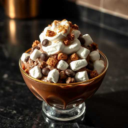 A glass bowl filled with a dessert containing chocolate and marshmallows sits on a black countertop. The dessert appears to be topped with whipped cream and chocolate pieces.