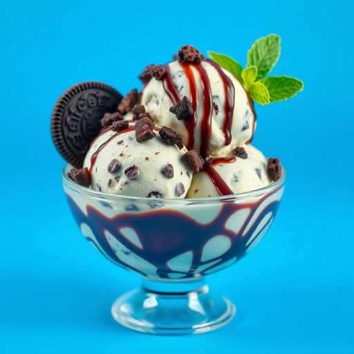 A glass bowl filled with chocolate ice cream topped with crushed cookies and drizzled with chocolate sauce sits on a blue background.