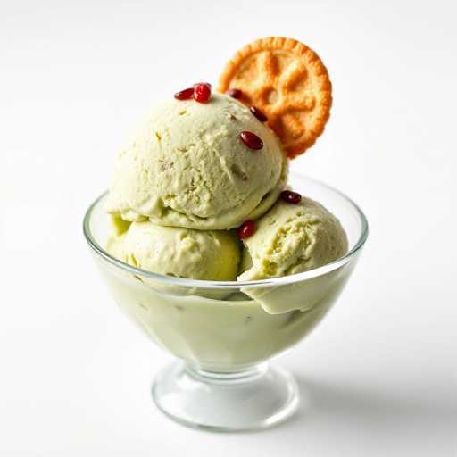 A glass bowl filled with green ice cream topped with orange sprinkles sits on a white surface.