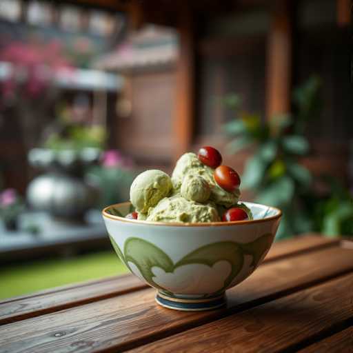 A white bowl with green floral designs on its rim holds a scoop of ice cream topped with red cherries and green grapes. The bowl is placed on a wooden table covered by a white tablecloth. In the background, there are pink flowers and a building can be seen in the distance.
