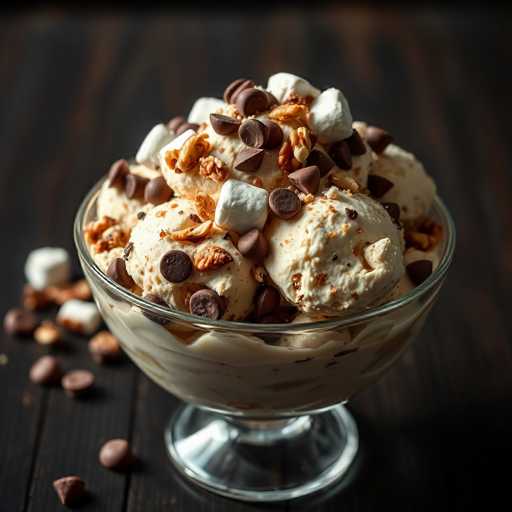 A glass bowl filled with vanilla ice cream topped with chocolate chips and marshmallows sits on a dark wooden table. The bowl is placed centrally in the image, drawing attention to its contents. Surrounding the bowl are scattered pieces of chocolate, adding depth to the scene.