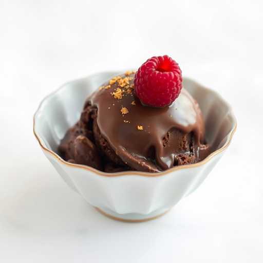 A white bowl with gold trim containing a scoop of chocolate ice cream topped with a single red raspberry and drizzled with chocolate sauce.