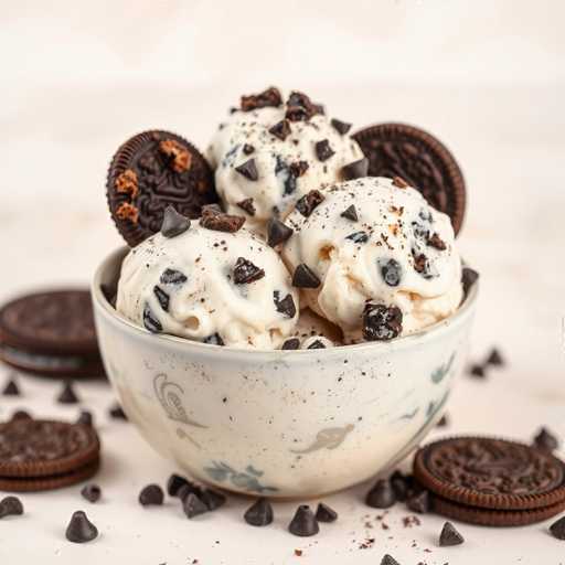 A white bowl filled with vanilla ice cream topped with chocolate chips and cookie crumbles sits on a table covered with a white cloth. The cookies are scattered around the bowl, adding to the dessert-like atmosphere of the scene.