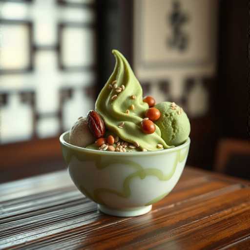 A white bowl filled with green ice cream topped with nuts and fruit sits on a wooden table.