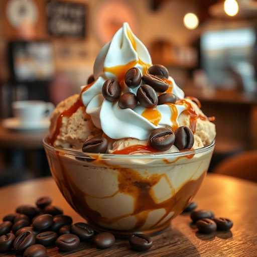 A glass bowl filled with ice cream topped with whipped cream and coffee beans sits on a wooden table. The ice cream is covered in white whipped cream and drips down the sides of the bowl. Scattered around the bowl are several coffee beans.