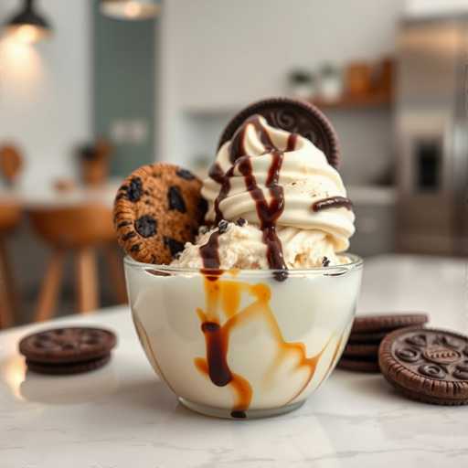A glass bowl filled with ice cream topped with chocolate chips and drizzled with caramel sauce sits on a white countertop next to a plate of cookies.