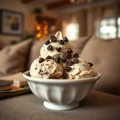 A white bowl filled with chocolate ice cream topped with chocolate chips sits on a gray couch cushion.