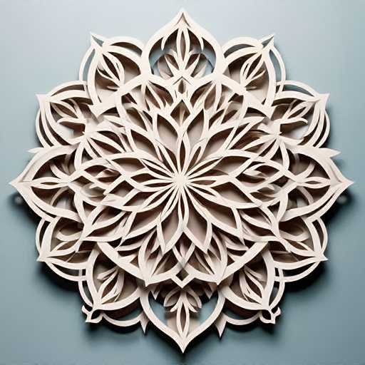 The image shows an intricate white paper cut design that is a large circle with numerous smaller circles and lines radiating outwards from the center. The design appears to be symmetrical and complex, with each element meticulously crafted to create a harmonious whole.