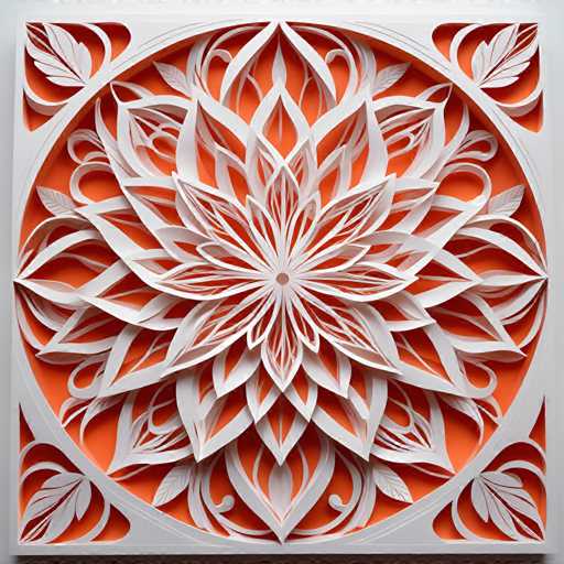 The image shows an intricate paper cut design featuring a large white flower with multiple petals and leaves surrounding it. The flower is the central focus of the piece, which appears to be a decorative art form or a wall hanging. The background features a vibrant orange color that contrasts with the white elements in the foreground, creating a visually striking effect.