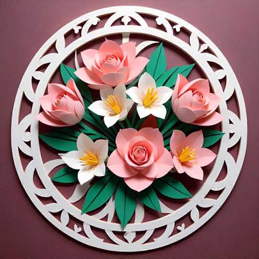 The image shows a circular arrangement of pink and white paper flowers on a purple background. The flowers are meticulously crafted from paper and placed within the frame by a white border.